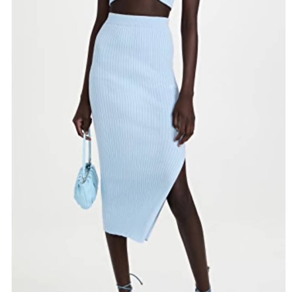 Elexiay Light Blue Ribbed Cotton Knit Midi Skirt Side Slit Soft‎ Girl Size S